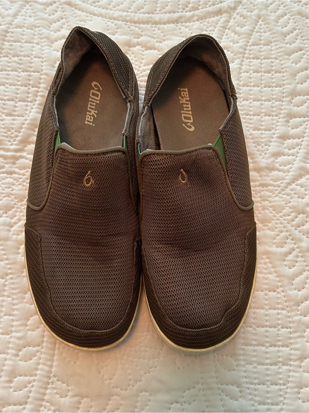 OluKai Men's Brown Mesh Slip-On Loafers with Subtle Green Accent